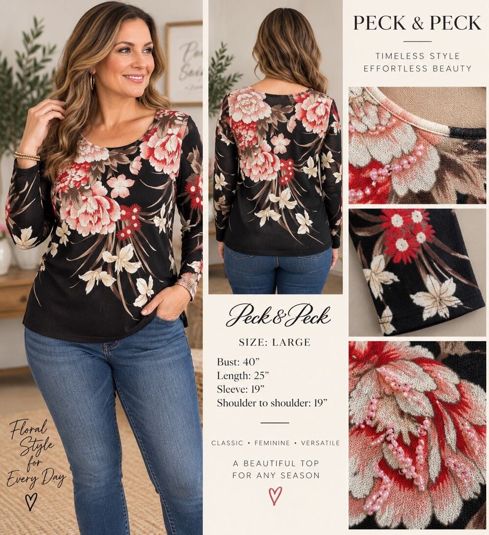 Peck & Peck L Floral Top Black Pink Beaded Embellished Long Sleeve Stretch Knit